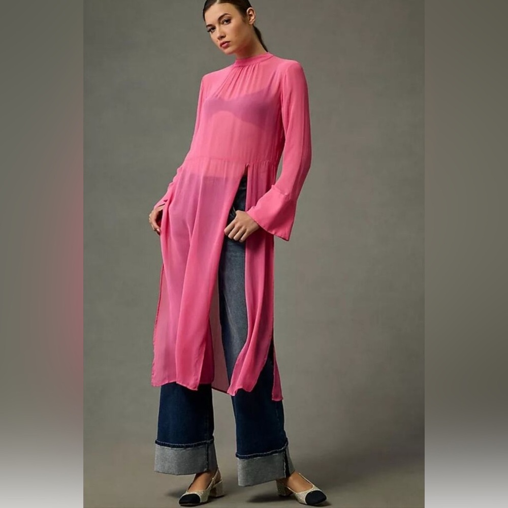 Anthropologie Long Sleeve Sheer Tunic Dress Hot Pink Size XS